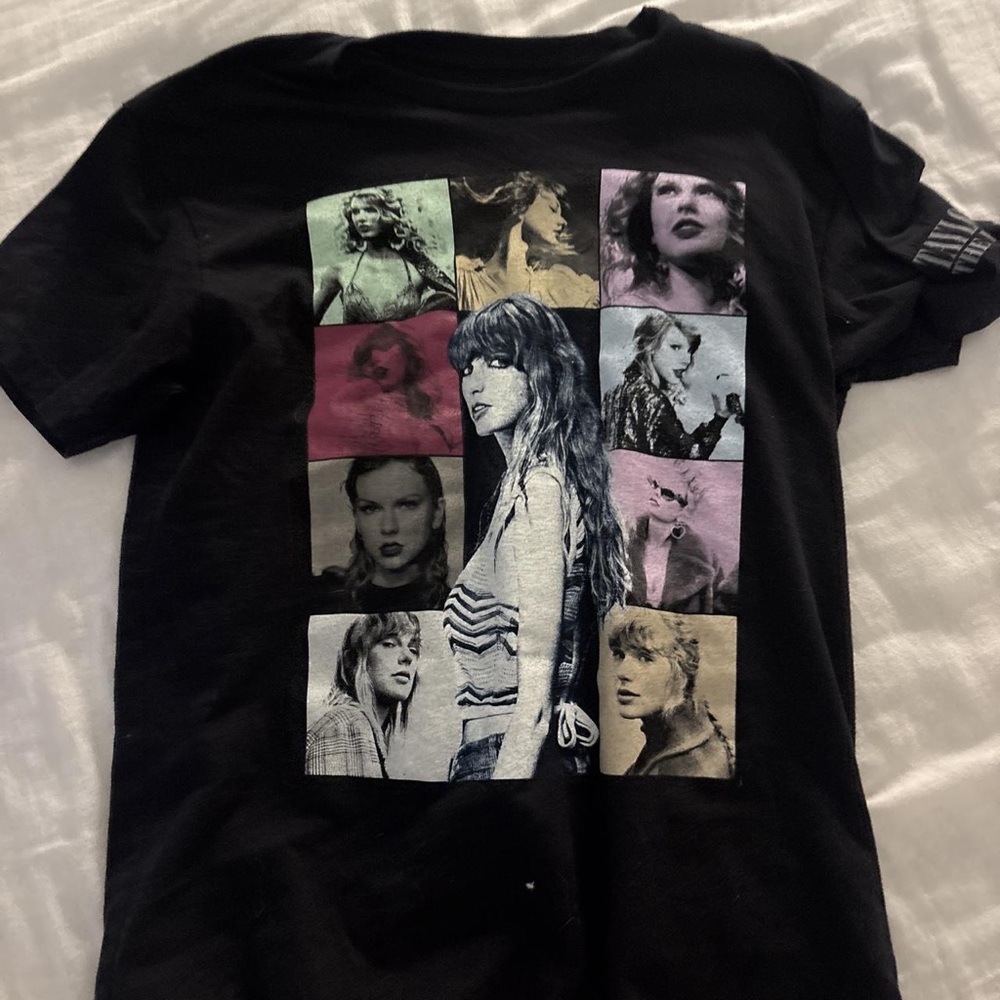 Black Short-Sleeve Graphic Tee with Multicolor Portrait Panels
